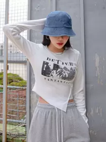 DAZY Letter & Figure Graphic Asymmetrical Hem Tee,Fall Clothes Long Sleeve Women Tops - White - View 3