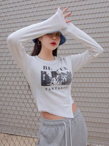 DAZY Letter & Figure Graphic Asymmetrical Hem Tee,Fall Clothes Long Sleeve Women Tops - White - View 1