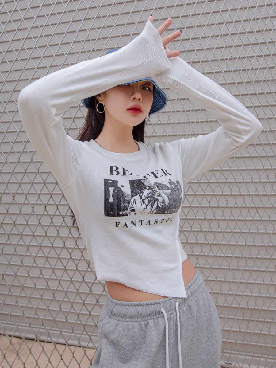 DAZY Letter & Figure Graphic Asymmetrical Hem Tee,Fall Clothes Long Sleeve Women Tops - White - View 1
