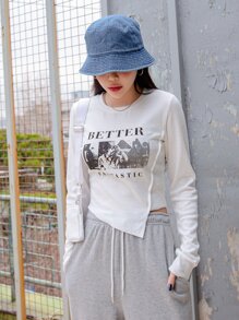 DAZY Letter & Figure Graphic Asymmetrical Hem Tee,Fall Clothes Long Sleeve Women Tops - White - View 6