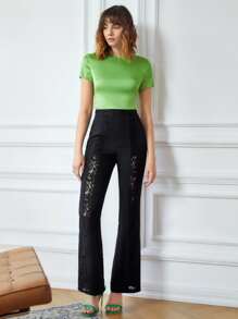 SHEIN Pantalones acampanados con encaje - Negro - Ver 3