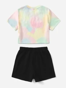 SHEIN Cô gái Tween Đồ họa Thuốc nhuộm buộc & Chữ cái Bộ áo thun & quần đùi - Nhiều màu - Xem 2