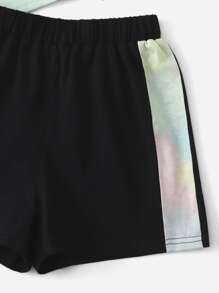 SHEIN Cô gái Tween Đồ họa Thuốc nhuộm buộc & Chữ cái Bộ áo thun & quần đùi - Nhiều màu - Xem 3