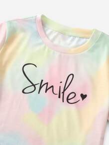 SHEIN Cô gái Tween Đồ họa Thuốc nhuộm buộc & Chữ cái Bộ áo thun & quần đùi - Nhiều màu - Xem 4