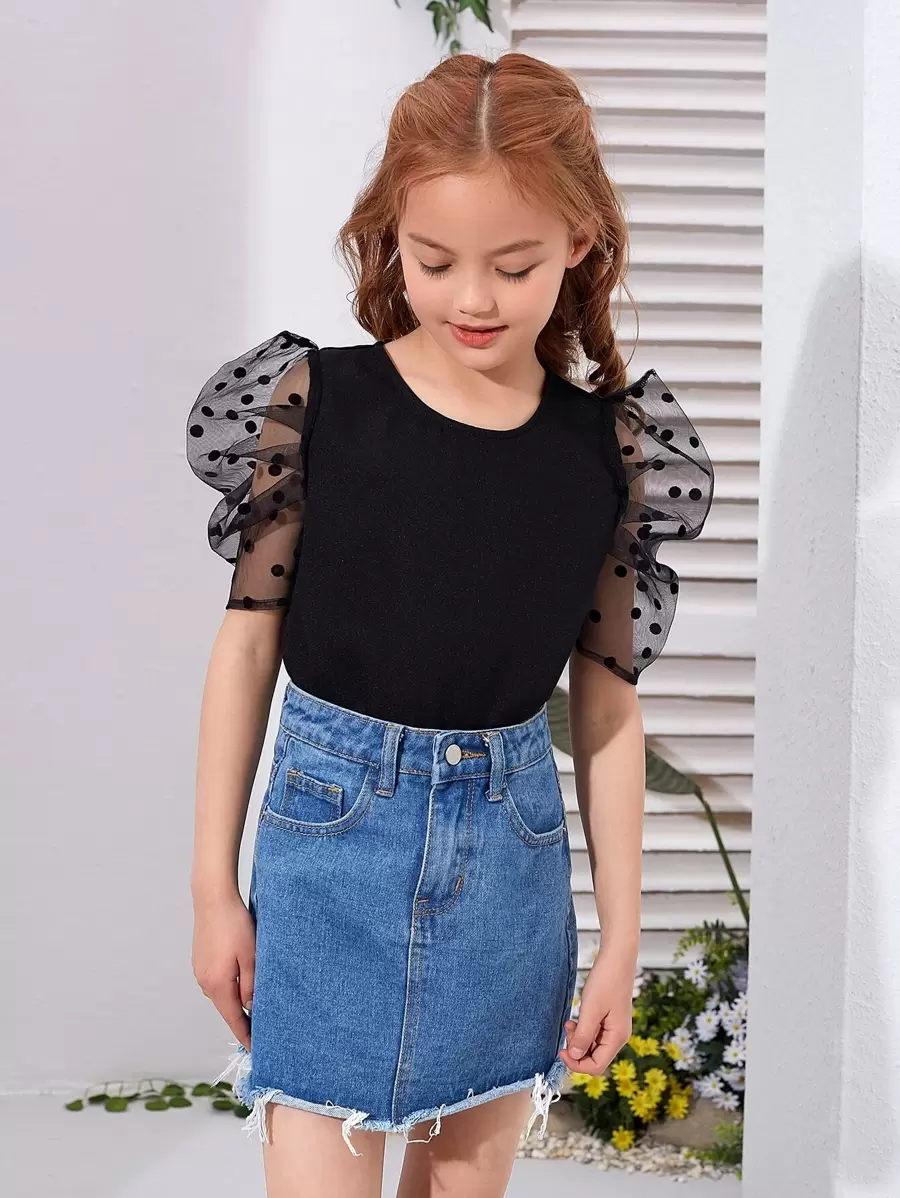 SHEIN 女孩網紗拼接泡泡袖上衣 - 黑色 - 查看 1