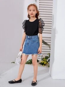 SHEIN 女孩網紗拼接泡泡袖上衣 - 黑色 - 查看 3
