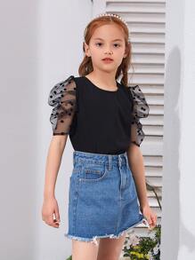 SHEIN 女孩網紗拼接泡泡袖上衣 - 黑色 - 查看 4