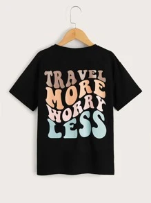 SHEIN Niñas Camiseta de hombros caídos con estampado de slogan - Negro - Ver 1