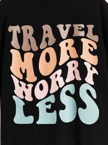 SHEIN Niñas Camiseta de hombros caídos con estampado de slogan - Negro - Ver 4