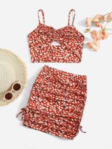 SHEIN Leap Crew Tween Girl Ditsy Floral Tie Front Ruched Cami Top & Skirt Set - Multicolor - View 1