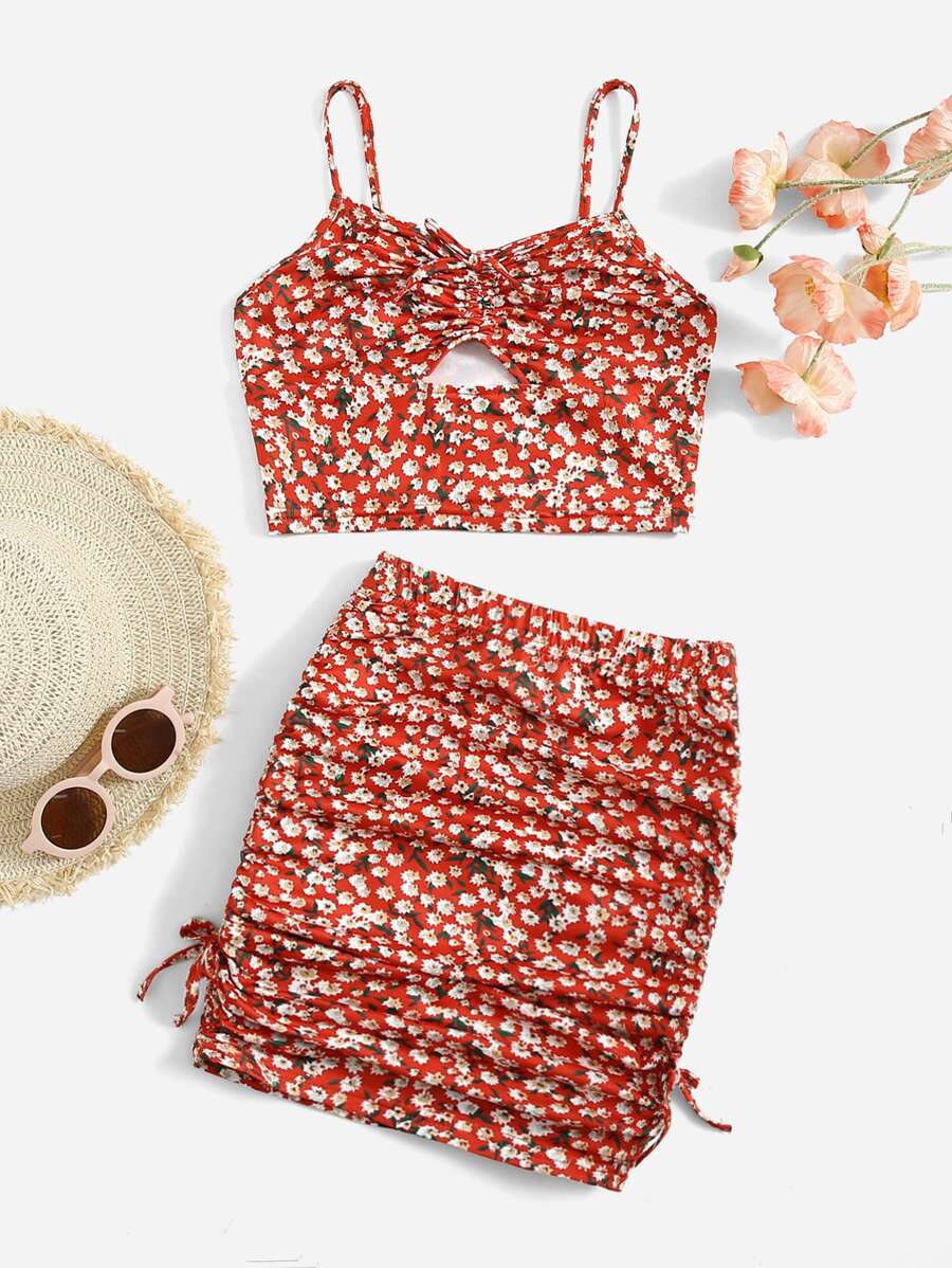 SHEIN Leap Crew Tween Girl Ditsy Floral Tie Front Ruched Cami Top & Skirt Set - Multicolor - View 1