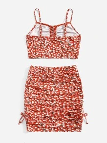SHEIN Leap Crew Tween Girl Ditsy Floral Tie Front Ruched Cami Top & Skirt Set - Multicolor - View 2