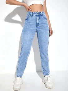 Quần jean nữ Nút Túi Dây kéo màu trơn - Rửa nhẹ - Xem 1