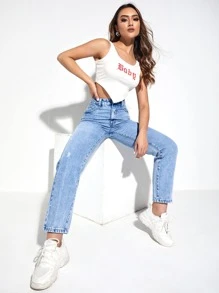 Quần jean nữ Nút Túi Dây kéo màu trơn - Rửa nhẹ - Xem 5