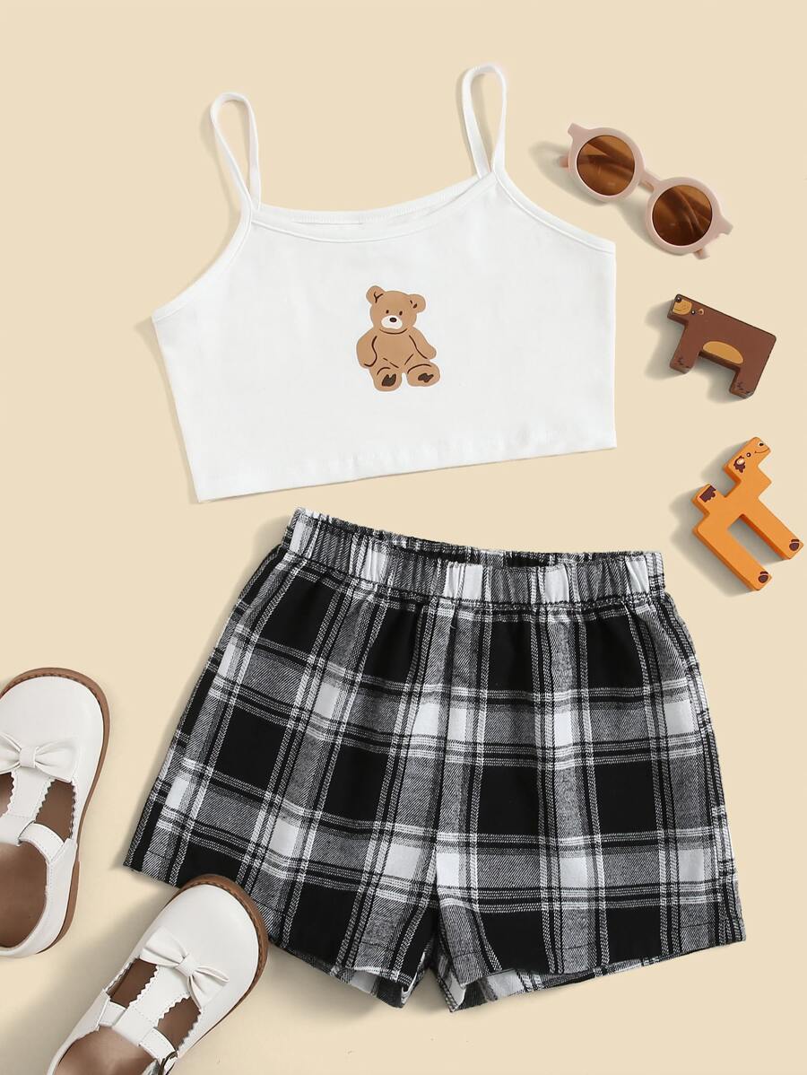 SHEIN 女孩卡通圖案吊帶上衣和格紋短褲套裝