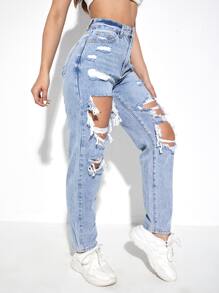 SHEIN EZwear Ripped Mom Fit Jeans - Light Wash - View 4