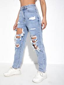 SHEIN EZwear Ripped Mom Fit Jeans - Light Wash - View 5