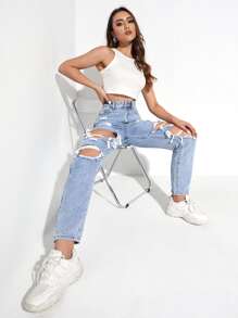 SHEIN EZwear Ripped Mom Fit Jeans - Light Wash - View 6