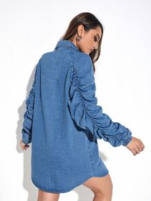 褶邊插肩袖補丁貼口袋牛仔襯衫連衣裙 - 中等水洗藍 - 查看 2