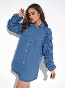 褶邊插肩袖補丁貼口袋牛仔襯衫連衣裙 - 中等水洗藍 - 查看 3