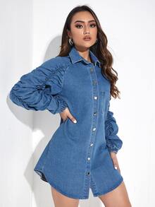 褶邊插肩袖補丁貼口袋牛仔襯衫連衣裙 - 中等水洗藍 - 查看 4
