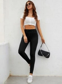 EMERY ROSE Elegant All-Match Versatile Tight Fit Slim Leg Year-Round Black High Waist Women Jeans - Black - View 7