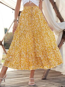 Breezaya Ditsy Floral Ruffle Hem Skirt Maxi Vacation Beach Outfits Women Fall Cloth For Women - Yellow - View 1