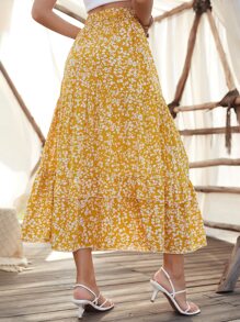 Breezaya Ditsy Floral Ruffle Hem Skirt Maxi Vacation Beach Outfits Women Fall Cloth For Women - Yellow - View 2