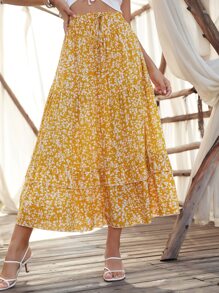 Breezaya Ditsy Floral Ruffle Hem Skirt Maxi Vacation Beach Outfits Women Fall Cloth For Women - Yellow - View 3