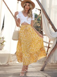 Breezaya Ditsy Floral Ruffle Hem Skirt Maxi Vacation Beach Outfits Women Fall Cloth For Women - Yellow - View 4