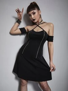 Solid Zipper Front Crisscross A-line Dress - Black - View 2
