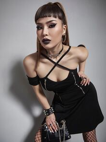 Solid Zipper Front Crisscross A-line Dress - Black - View 3