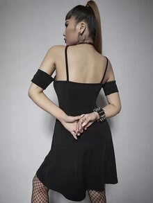 Solid Zipper Front Crisscross A-line Dress - Black - View 4