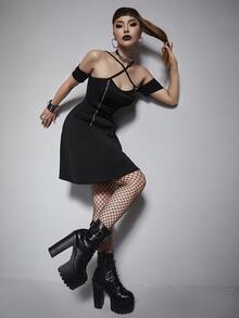 Solid Zipper Front Crisscross A-line Dress - Black - View 6