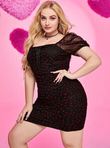 SHEIN Plus Heart Print Knotted Puff Sleeve Mesh Bodycon Dress - Multicolor - View 3