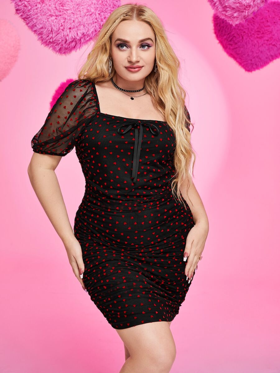 SHEIN Plus Heart Print Knotted Puff Sleeve Mesh Bodycon Dress - Multicolor - View 1
