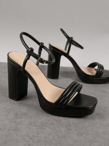 Sandalias con tacón alto con hebilla tobillera de punta redonda unicolor - Negro - Ver 2