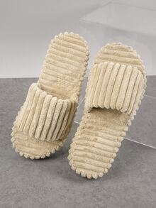 圓頭燈芯絨細節一腳蹬拖鞋 - 米色 - 查看 2