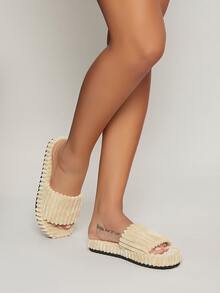 圓頭燈芯絨細節一腳蹬拖鞋 - 米色 - 查看 3