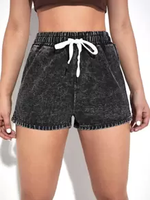 Quần short denim nữ Dây kéo Chia màu trơn - Màu xám đen - Xem 1