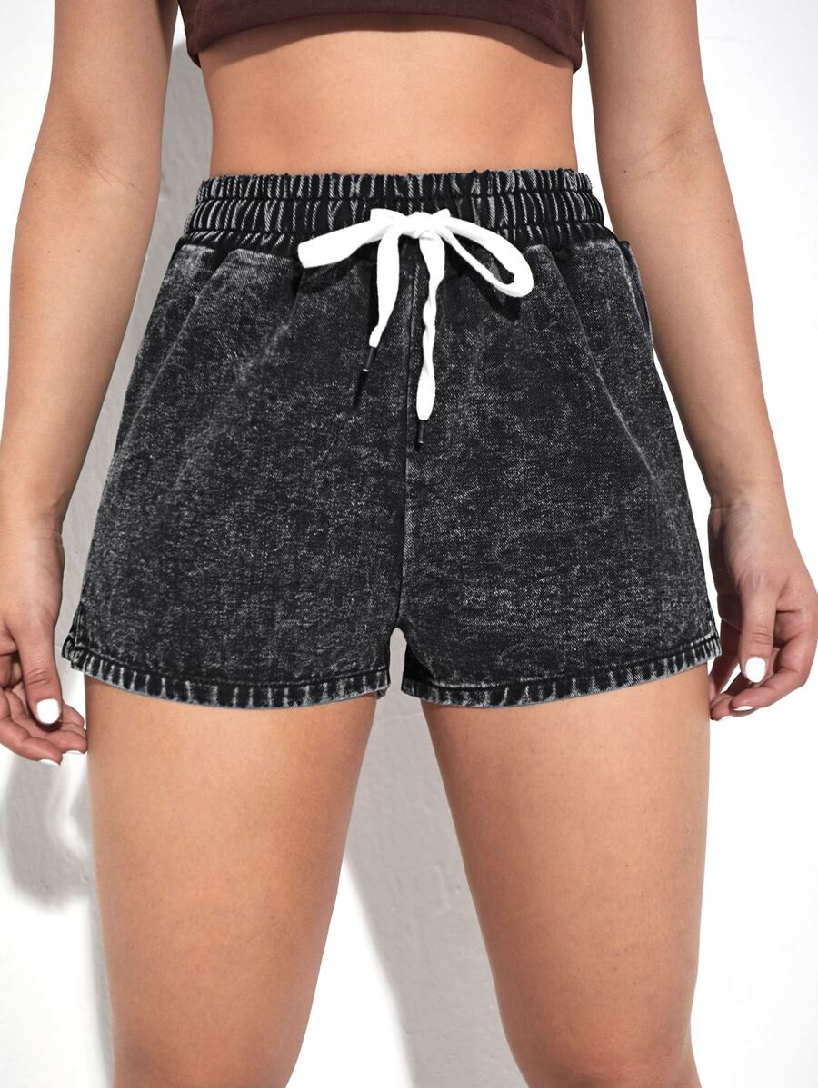 Quần short denim nữ Dây kéo Chia màu trơn - Màu xám đen - Xem 1