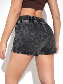 Quần short denim nữ Dây kéo Chia màu trơn - Màu xám đen - Xem 2