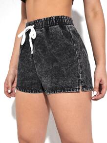 Quần short denim nữ Dây kéo Chia màu trơn - Màu xám đen - Xem 3