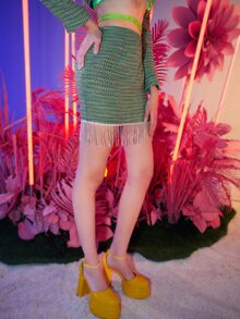 SHEIN ICON Plaid Print Fringe Bodycon Skirt - Green - View 5