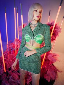 SHEIN ICON Fringe Hem Lapel Neck Crop Tweed Blazer - Green - View 6