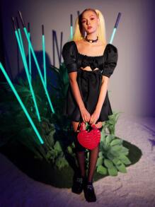 SHEIN Bow Front Cutout Rhinestone Detail Satin Dress - Black - View 8