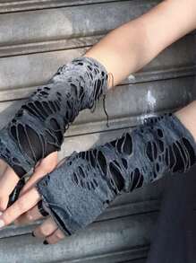 ROMWE Grunge Punk Ripped Holes Fingerless Gloves - Black - View 2