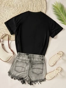 字母图案圆领 T 恤 图案 T 恤 女式上衣 - 黑色 - 查看 2