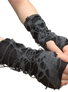 ROMWE Grunge Punk Ripped Holes Fingerless Gloves - Black - View 3