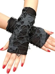 ROMWE Grunge Punk Ripped Holes Fingerless Gloves - Black - View 6
